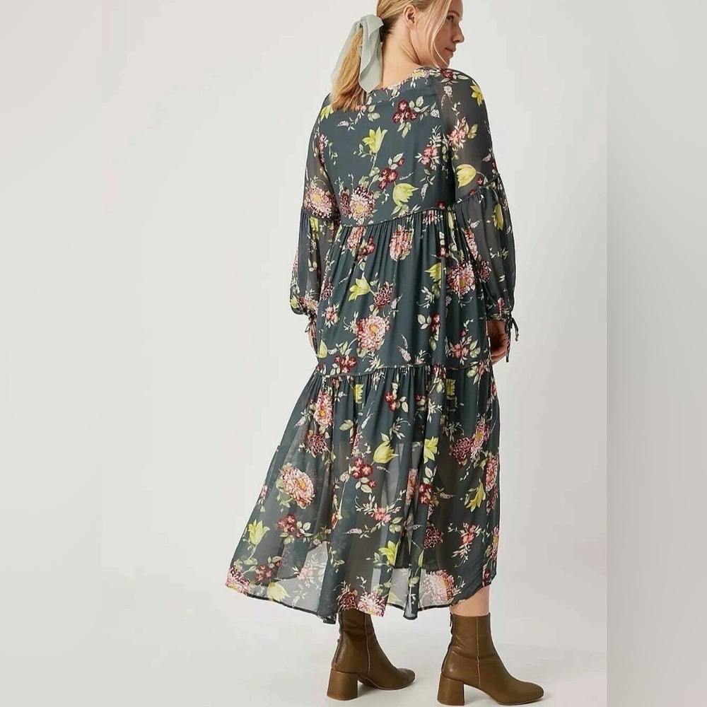 Anthropologie Evelin Maxi Dress Green Floral Boho Ruffle Tiered Chiffon‎ size XS - Picture 3 of 9